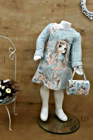 Комплект от рокличка с дълъг ръкав в светлосиньо и чантичка