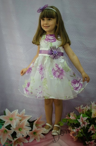Официална детска рокля в бяло с цветя в лилаво