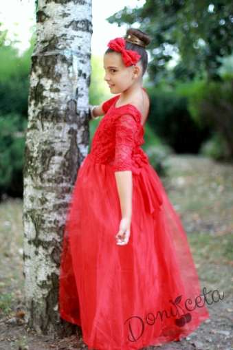 Официална дълга детска рокля в червено с ръкав до лакътяа рокля в пепел от рози 