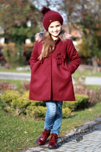 Зимно детско палто в бордо с качулка