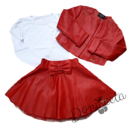 Комплект от 3 части-детска кожена пола  в червено, блузка в бяло и кожено яке
