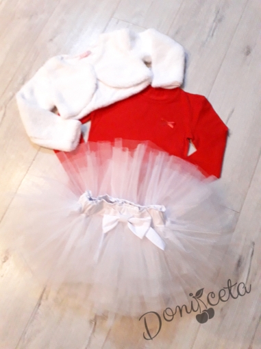 Комплект от 3 части-детска  туту пола пачка в бяло, блузка в червено и пухкаво болеро в бяло