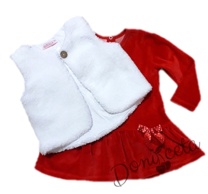  Комплект от плюшена бебешка рокля  в червено с дълъг ръкав  с елек в бяло