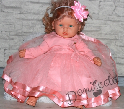 Празнична детска/бебешка рокля в прасковено с дълъг ръкав
