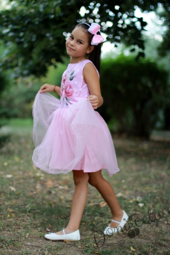Официална детска рокля в розово с цветя и тюл