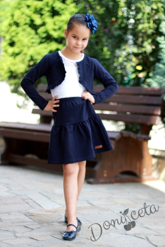 Комплект за момиче от 3 части-пола,  болеро в тъмносиньо и блузка в бяло с дълъг ръкав