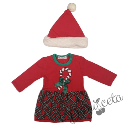 Коледна детска рокля с каре и шапчица