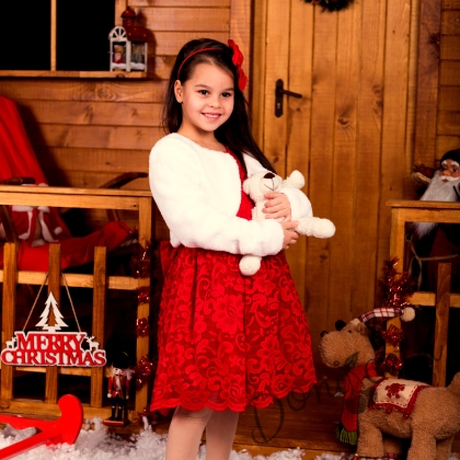 Официална детска рокля с къс ръкав в дантела в червено с пухкаво болеро в бяло