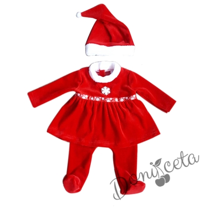 Коледна детска плюшена бебешка рокля с ританки и шапка в червено