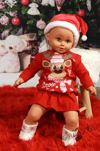 Коледна ватирана детска рокля в червено с еленче