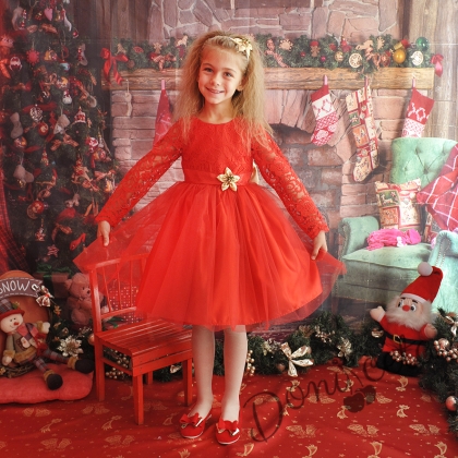 Официална детска рокля с дълъг ръкав с дантела и тюл в червено