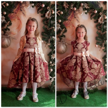 Официална детска рокля в бордо със златисти нишки с болеро