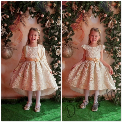 Официална детска рокля в златисто  с голяма панделка отзад с болеро