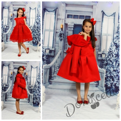 Комплект от палто и рокля от бутикова дантела с плюш в червено