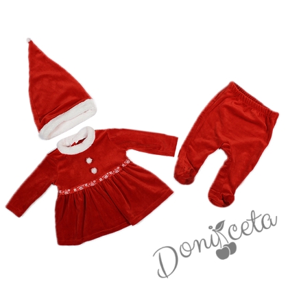 Коледна детска плюшена рокля  с ританки и шапка