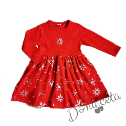 Коледна детска/бебешка рокля в червено със сребристи снежинки в червено