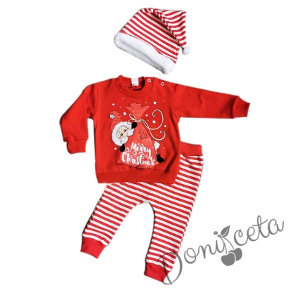Бебешки коледен комплект от три части-блузка, панталонки и шапка с Дядо Коледа