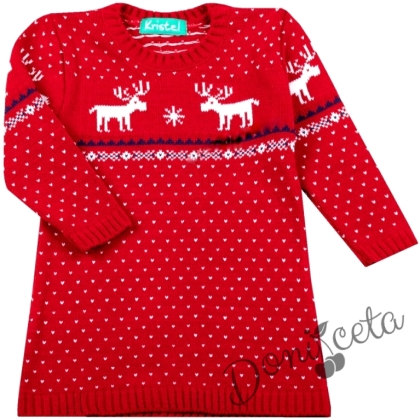 Бебешка или детска коледна туника-рокля от плетиво в червено с еленчета