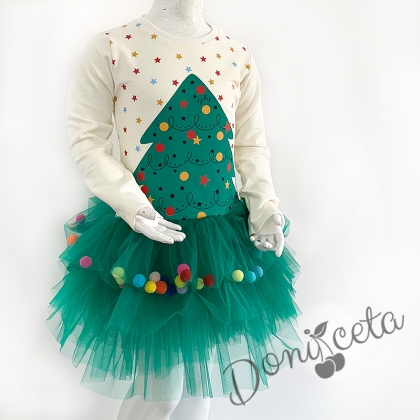 Коледна ватирана детска рокля в екрю с Елхичка и тюл в зелено