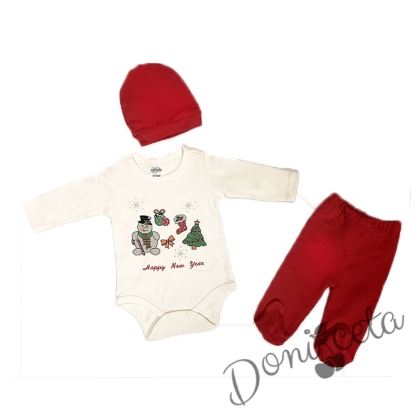 Коледен бебешки комплект от 3 части от боди, ританки и шапка в червено