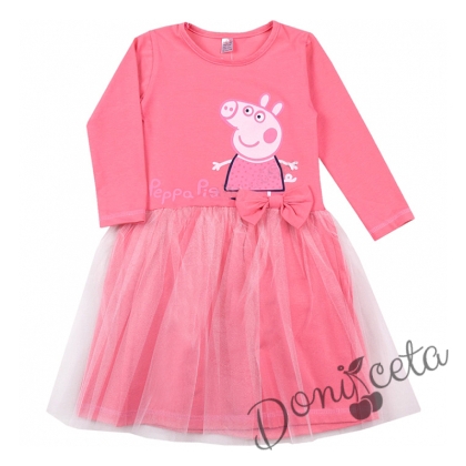 Детска рокля с дълъг ръкав в розово с прасето Пепа пиг  тюл
