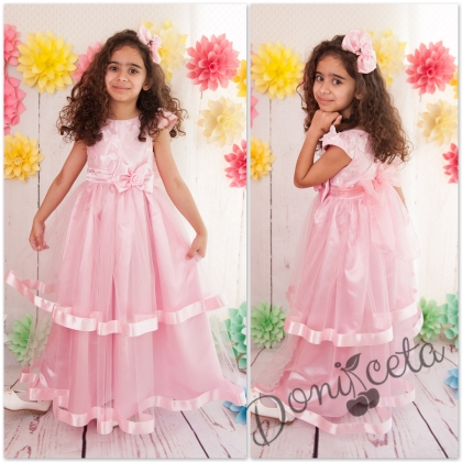 Официална дълга детска рокля в розово с 3D пеперуди