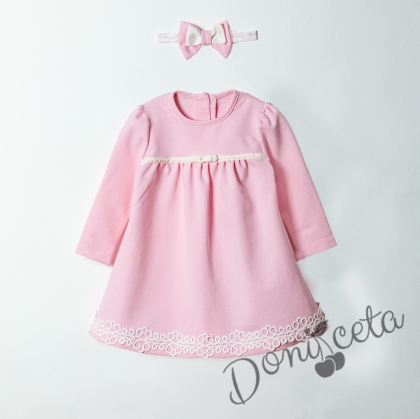Комплект от бебешка рокля и лента за главичка в розово
