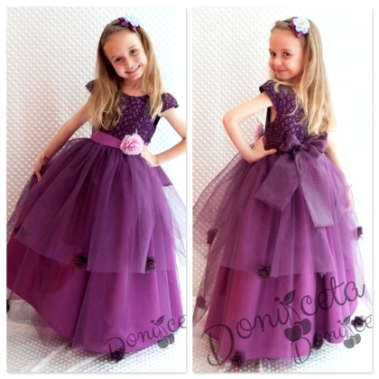 Официална детска дълга рокля  Лея в лилаво с дантела и 3D цветя 278ЛТД