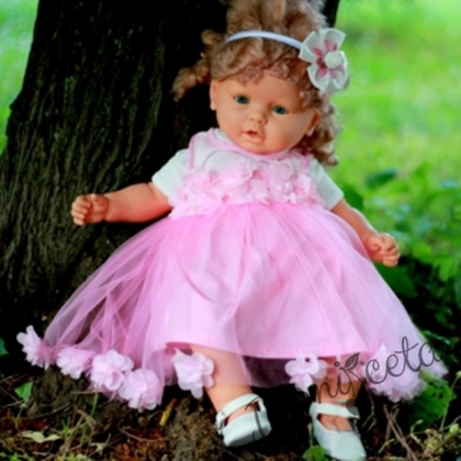 Официална бебешка рокля в розово с 3D розички и с тюл