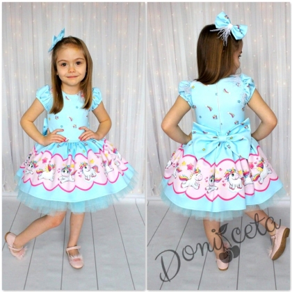 Детска рокля с къс ръкав с Еднорог в комплект с панделка за коса в светлосиньо