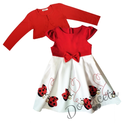 Комплект от детска рокля с къс ръкав на калинки с болеро в червено