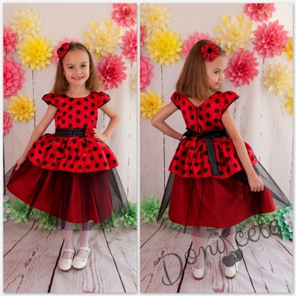 Официална детска рокля Нанси в червено на черни точки с калинка