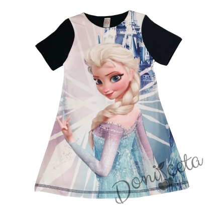 Детска права рокля в тъмносиньо с къс ръкав с Елза от Замръзналото кралство