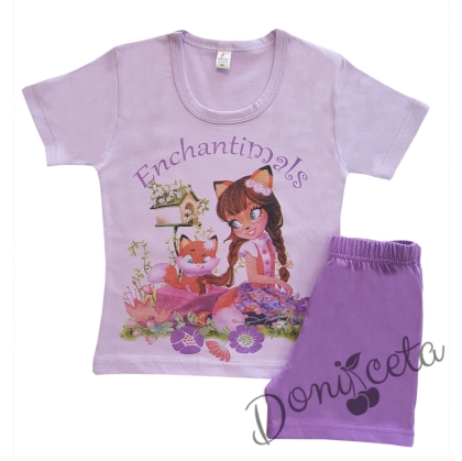 Детска пижама с къс ръкав с лисичка в лилаво 