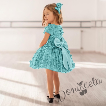 Официална детска рокля Мелинда в тюркоаз/мента от 3D цветя в комплект с панделка