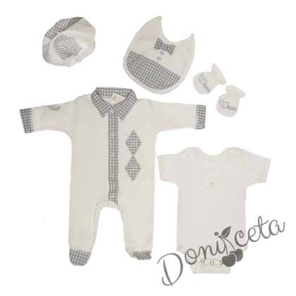 Бебешки комплект за изписване за момче от 5 части  в сиво и бяло
