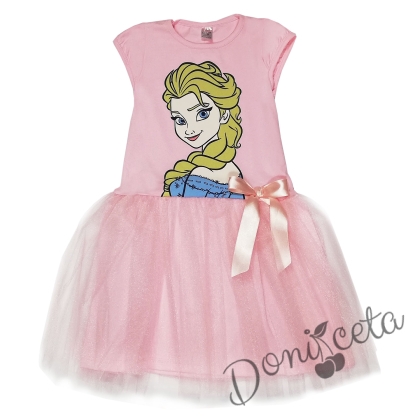 Детска рокля  с къс ръкав с Елза  от Замръзналото Кралство и тюл в розово