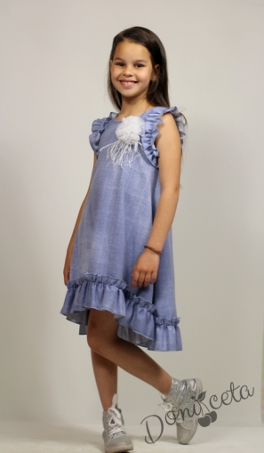 Официална или ежедневна детска рокля с къс ръкав в тъмно синьо с къдрички