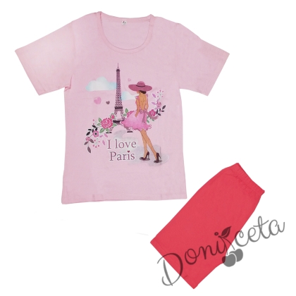 Детска пижама с къс ръкав с Париж в розово и циклама