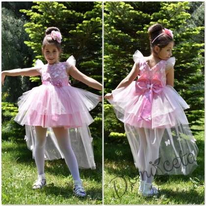 Официална детска рокля Жаси с голяма панделка с 3D пеперуди и с тюл в розово
