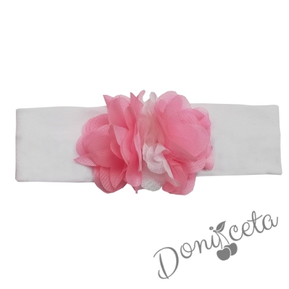 Лента за коса с цвете в розово и бяло