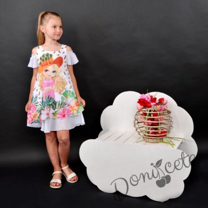 Лятна детска рокля в бяло с картинка на момиченце