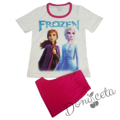 Детска пижама с къс ръкав с картинка на Анна и Елза в циклама