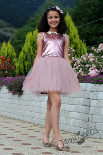 Официална детска рокля с тюл  и пайети в пепел от рози Костанс 