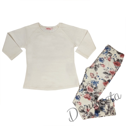 Комплект от блузка в екрю с 7/8 ръкав и клин-панталон на цветя