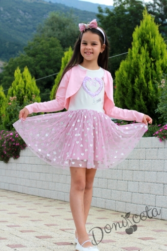 Детска рокля в бяло със сърце  и тюл в розово с болеро в розово Олга