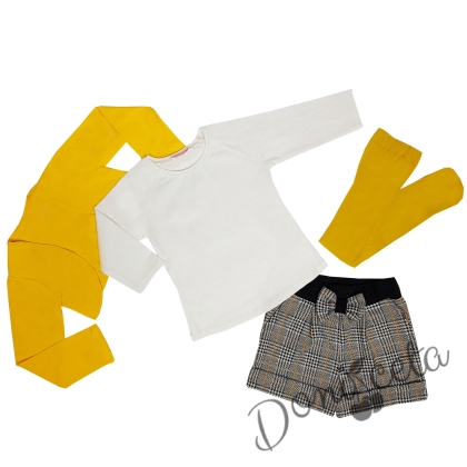 Комплект от 4 части от детска блуза с дълъг ръкав в екрю, къси панталони в каре, болеро  в горчица и чорапогащник