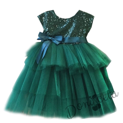 Официална детска рокля в зелено от пайети и тюл на пластове 