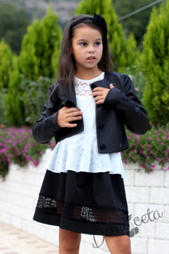 Комплект от 3 части- детска риза/блуза с дълъг ръкав в бяло  Алма с пола в черно и късо сако