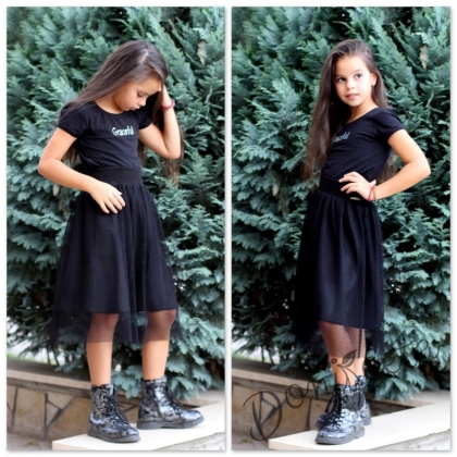 Комплект от детска дълга пола в черно с нежен тюл и блузка с къс ръкав в черно